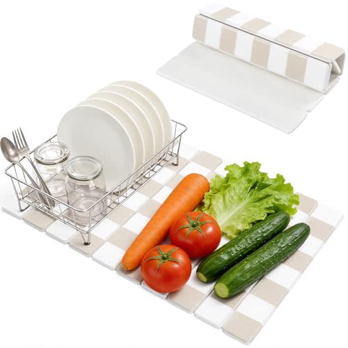 Yamaziot Large Stone Drying Mat for Kitchen Counter, 15.3"x24" Foldable Ultra Absorbent Stone Drying Mat, Quick-Dry Diatomaceous Earth Mat, Non-Slip Heat Resistant Mat for Dishes, Cups, Bottles, Beige