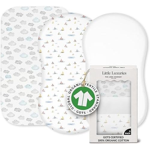 100% Organic Cotton Bassinet Sheets 3 Pack - GOTS Certified, Soft Breathable Percale Weave, Fits Standard Oval & Rectangular Mattress - for Boys & Girls - (33" L x 17" W) Angel Bliss