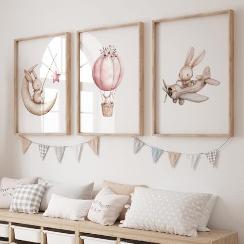 3 Nursery Pink Bunny Wall Art Wall Deco Hot Air Balloon Picture Infant Airplane Poster Rabbit Pictures Wall Art Pink Bunny Wall Decor Painting Poster Girly Kids Baby Room 12x16 Inch Unframed