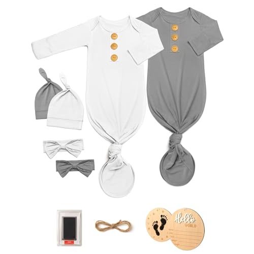 2Pk Newborn Baby Knotted Gowns, Soft Sleeper Coming Home Outfit with Hello World Announcement Sign & Ink Pad for Baby Birth