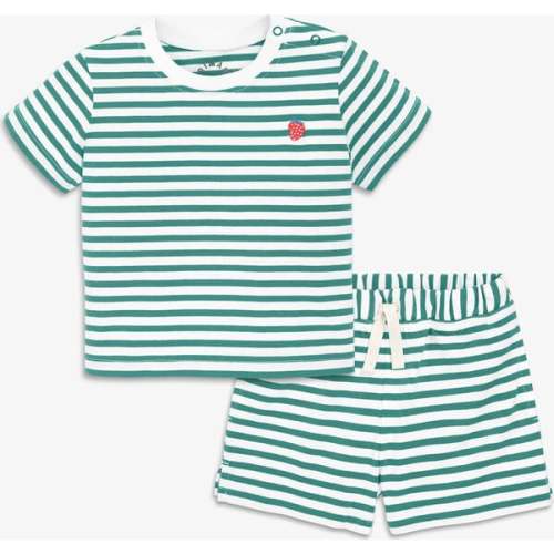 Baby Stripe Embroidered Set, Sunwashed Teal White Stripe - Primary | Maisonette