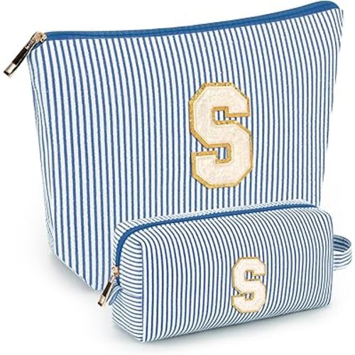 2 PCS Initial Makeup Bags for Women: Cosmetic Bag for Travel Toiletry - Birthday Gifts for 11 12 13 14 15 16 17 18 Years Old Girl Graduation Teacher Gift- Teen Girl Gifts Trendy Stuff - Blue S