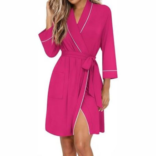 Ekouaer Women Robes Shawl Collar Bathrobe Short Robe Soft Knit Bathrobes Ladies Sleepwear with Pockets Rose Red L