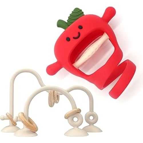 Baby High Chair Suction Toys Teething Chew - Silicone Apple Teething Relief Toys Silicone Teethers Table Toys, Food Grade Silicon for 6 12 18 Months(Red)