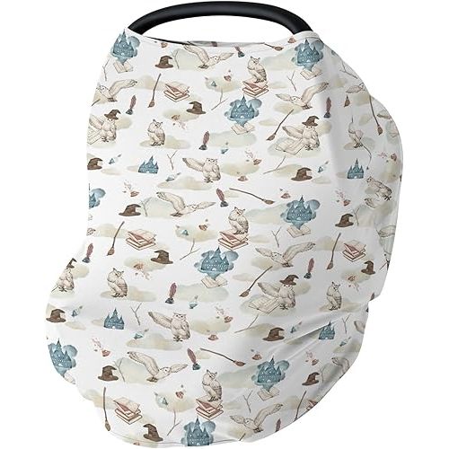Vintage Wizard Owls Car Seat Cover for Babies Watercolor Witch Hat Books Castle Clouds Stretchy 5-in-1 Cover Adjustable Infant Carseat Canopy Cover Magics Wizard Universe Breathable Nursing Cover-Up