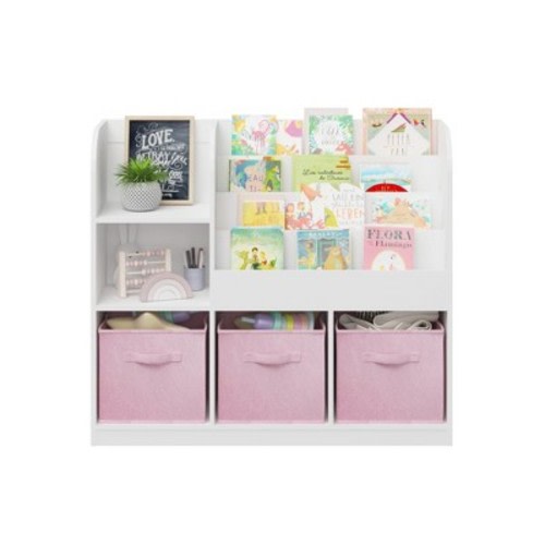 TopComfy Decorative Bookshelf Kids Bookcase with Fabric Drawers for Bedroom Playroom Nursery, White Pink, 36.22"*11.81"*31.5"
