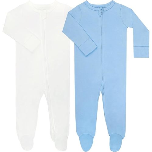 Footed Pajamas | 0-3 months | White + Light Blue