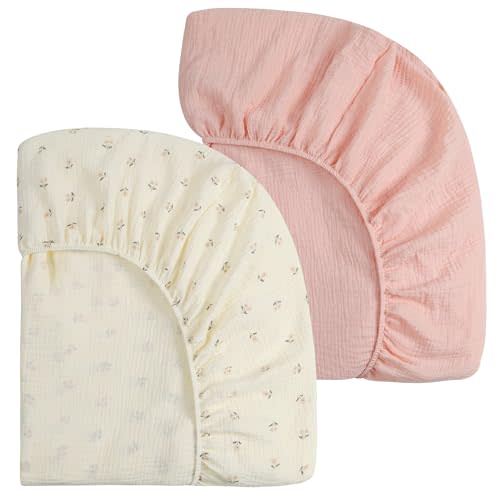 Onacosht Muslin Crib Sheets for Boys Girls, Soft Breathable 100% Cotton Baby Fitted Sheet 52" x 28" for Standard Toddler Crib Mattress, 2 Pack, Pink Floral