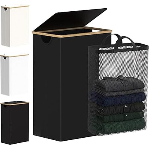 efluky Slim Laundry Basket with Lid, Narrow Laundry Hamper with Removable Bag, Skinny Dirty Clothes Basket with Bamboo Handles for Bathroom, Bedroom & Laundry Room, 90L Black