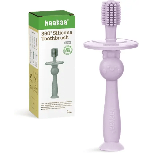 haakaa 360° Baby Toothbrush with Suction Base - Gentle Cleaning for Infant Self-Brushing Training, Sorft Food-Grade Silicone, Baby Teething Relief - Lavender, 1 Count