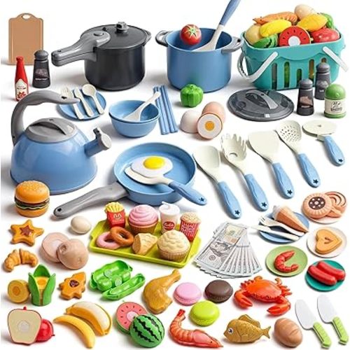 130Pcs Kitchen Playset, Toddler Pretend Cooking Play Pots, Pans, Utensils Cookware, Daily Food Fruit Veges, Shopping Storage Basket, Dessert, Prop Money, Learning Gift for Child (Blue)