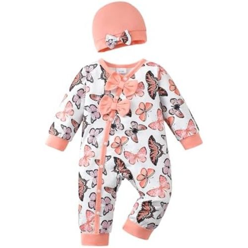 Mioglrie Newborn Baby Girl Clothes Long Sleeve Romper Infant Fall Winter Outfits Floral Hat Jumpsuit Preemie Girl Clothes