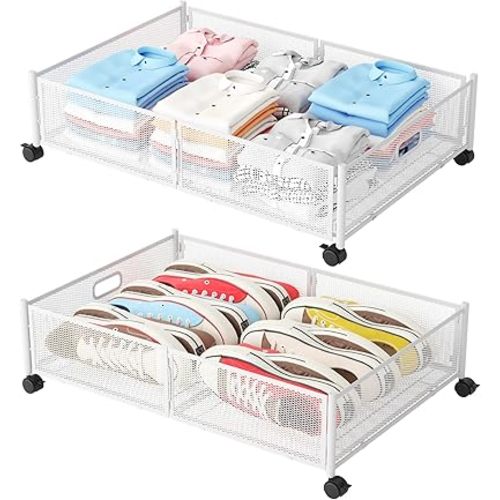 Under Bed Storage with Wheels, Foldable Metal Mesh Underbed Storage Container Bins, Tool-free Assembly Clothes Drawer Organizer, 2Pack
