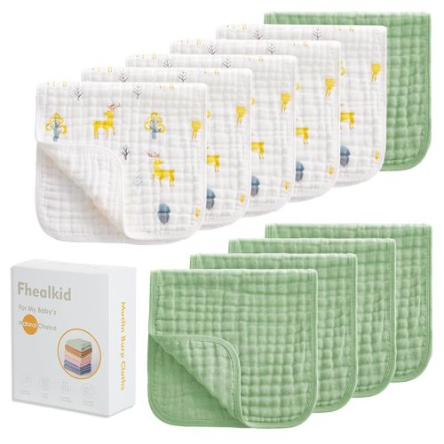 Fhealkid Muslin Burp Cloths Sets Newborn Baby Boy Essentials Must Haves 100% Cotton 10 Pack 20" X 10",6-Layer Baby Bibs & Burp Cloths for Baby Drool and Messes - Soft (DEERGREEN04, 10 - Pack 20"X10")