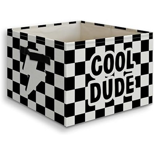 Cool Dude Boy Foldable Storage Bins Box with Handles, Black and White Checkered Collapsible Organizer Basket for Kids Boys Room Bedroom Bathroom Nursery Playroom Clothes Toys Books