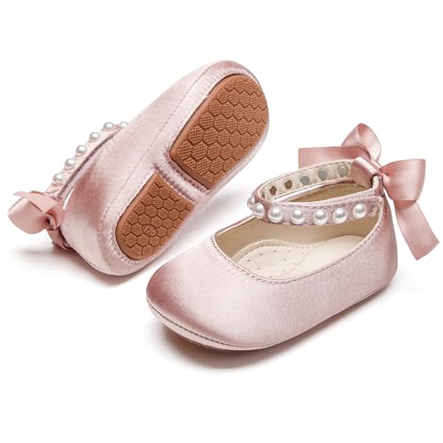Baby Girls Mary Jane Flats - Infant Newborn Walking Shoes Soft Rubber Sole Princess Wedding