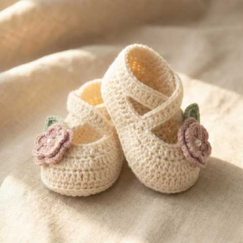 Handmade Crochet Baby Booties, Cream Floral Mary Janes