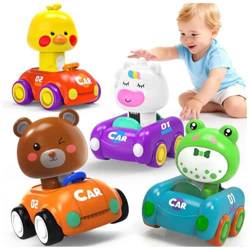 Press and Go Toy Cars for Toddlers 1-3，Fun Vehicle Playset for Kids | 4-Pack Baby Animal Racing Cars Gift | Push and Go Cars for 6-12-18 Months | 1st Birthday Gifts for 1 2 Year Old Boys Girls