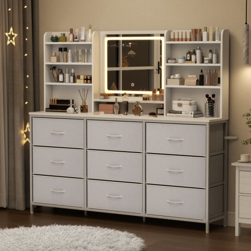 Wrought Studio™ 9 Drawer Dresser For Bedroom With Lighted Mirror And 8 Storage Shelves | Wayfair