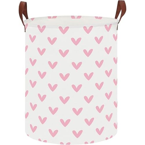 19.7" Pink Cute Heart Laundry Basket,Kids Dirty Clothes Hamper,Waterproof Toys Storage Bin,Room Decor,Gift Baskets,Baby Nursery Hamper(Pink Heart)