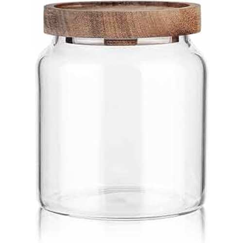 Glass Storage Container Airtight Food Jars Kitchen Canister with Wood Lids, 20 Oz Wide Mouth Pantry Organization Glass Jar for Flour, Sugar, Cookie, Spagetti, Nuts and Candy