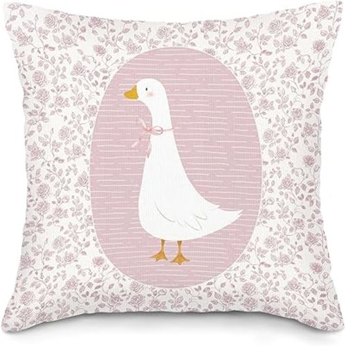 Preppy Pink Goose Throw Pillow Covers, Coquette Gooses Pillow Case Cover for Bed Sofa, Goose Nursery Decor, Pink Bow Floral Gooses Cushion Cover Case for Girls Room Bedroom, 18x18 Inch