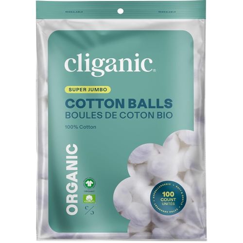 Cliganic Organic SUPER JUMBO Cotton Balls, 100 Count - Biodegradable, Hypoallergenic, Absorbent, Large Size, 100% Pure Certified Organic