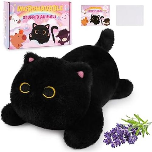 Microwavable Stuffed Animals, Weighted Black Cat Plush Heating Pad for Period Cramps, Heatable and Coolable Lavender, Kawaii Plush Toys for Women Girls Kids,10 Inch