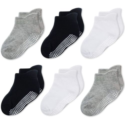 Cozyway Non-Slip Ankle Style Socks with Grippers, 6 Pack for Baby Boys and Girls, Black White and Gray, 6-12 Months