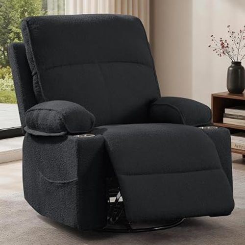 Korser 360° Swivel Rocker Recliner Chair, Nursery Glider Rocking Chair with Cup Holders, Small Recliners for Small Spaces, Upholstered Manual Reclining Chair for Living Room, Bedroom(Sherpa, Black)