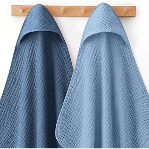Looxii Baby Bath Towels 2 Pack Muslin Hooded Baby Towels for Newborn and Infants, 100% Cotton, Large 32x32Inch, Soft and Absorbent Gradient Blue