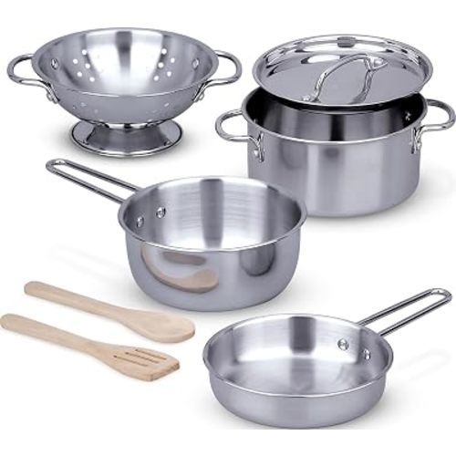 Melissa & Doug Stainless Steel Pots & Pans, 8 Piece Play Kitchen Set, Premium Play Kitchen Accessories & Cooking Utensils, Preschool Toys for Kids 3+