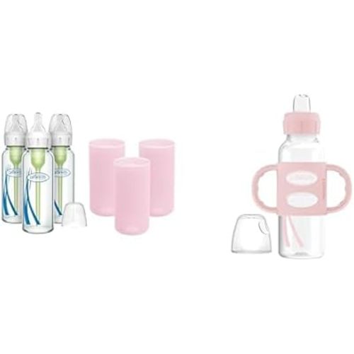 Dr. Brown's Natural Flow Anti-Colic Options+ Narrow Glass Baby Bottles 8oz & Level 1 Slow Flow Nipple, 3-Pack 0m+ & Pink Silicone Sleeves & Milestones Narrow Sippy Spout Bottle +Silicone Handles Ecru