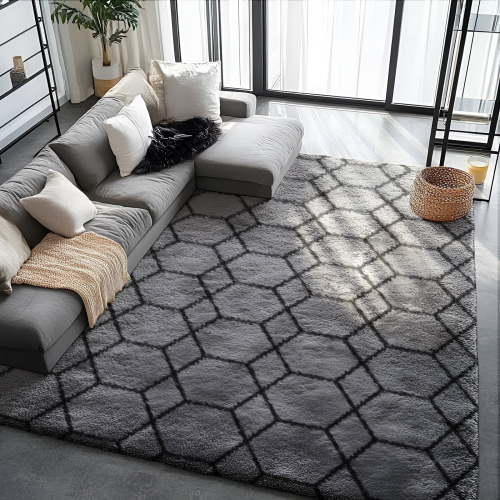 Pentantan 8ft x 10ft Shag Area Rugs for Living Room, Modern Geometric Fluffy Bedroom Carpet, Black & Gray