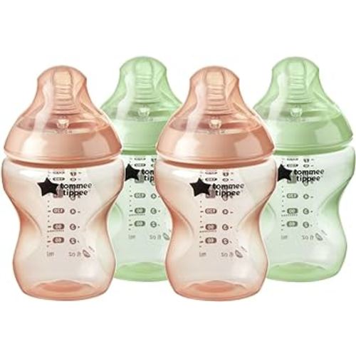 Tommee Tippee Closer to Nature Baby Bottles Slow Flow Breast-Like Nipple with Anti-Colic Valve (9oz, 4 Count) Pink & Green