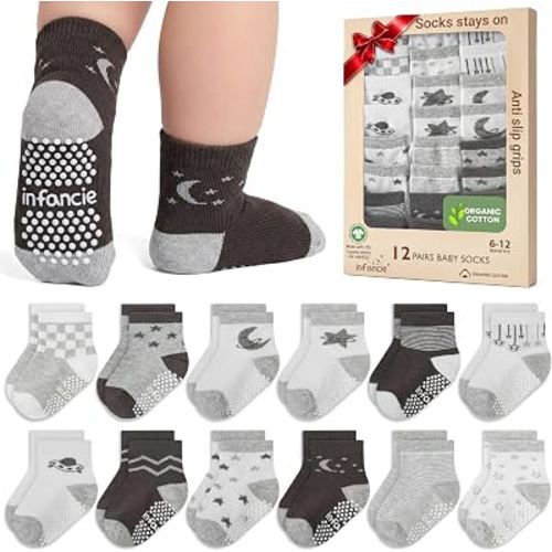 GOTS Organic Cotton Blend 12 Baby Newborn Socks Boy 6-12 M Non Slip Gift | Oeko-Tex Certified, Baby Socks, 12 Pairs, Baby Grip Socks, Baby Boy Socks, Black, For Baby Boys, 6-12 Months, Stretchy fi