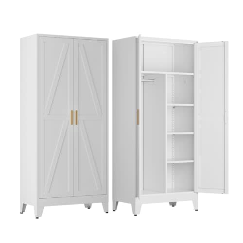 COFaR Metal Wardrobe Closet, Bedroom Armoire with Adjustable Hanging Rod and Shelves, Farmhouse Broom Closet Storage Cabinet for Garage Laundry Office, Roperos para Guardar Ropa, 71'' Tall White