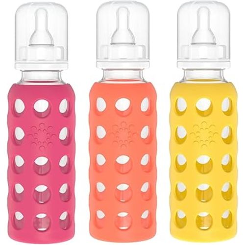 Lifefactory Glass Baby Bottle BPA Free | Protective Silicone Sleeve | 9 oz Pack of 3 | Raspberry, Papaya, Mango