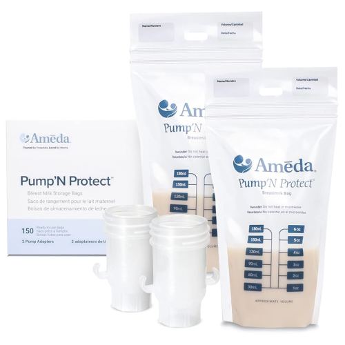 Ameda Pump'N Protect Breastmilk Storage Bag 6oz | 150 Count + 2 Bag Adapters | Breast Milk Storage Bags for Refrigerator or Freezer | BPA Free | Breastfeeding Essentials | Breastfeeding Supplies