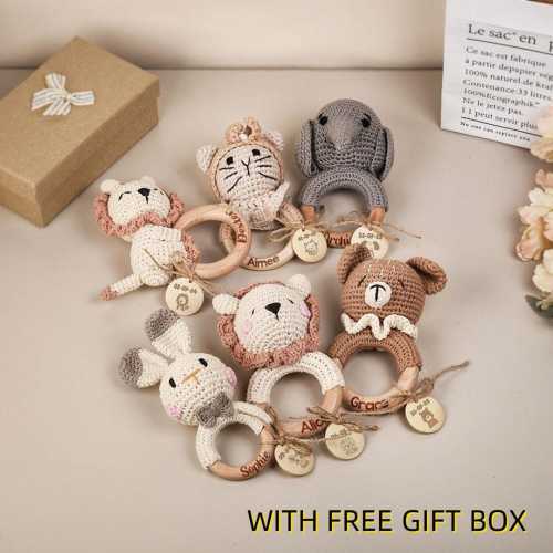 Personalized Crochet Toy Rattle, Custom Wooden Baby Rattle, Crochet Rattle for Baby, Baby Name Rattle, Newborn Gift, Baby Shower Gift