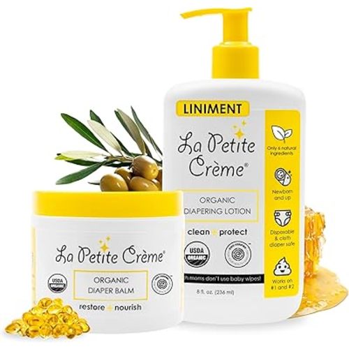 La Petite Creme French Premium Diapering Lotion (8 oz) and Organic Diaper Balm (4 oz) - Healing and Nourishing Diaper Cream, Gentle & Safe Liniment Baby Lotion - USDA & EWG Certified - Baby Essentials
