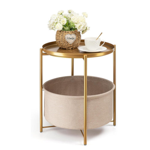 Mercer41 Tewkesbury Round Side Table with Fabric Storage Basket, Metal Small Bedside Nightstand with Removable Tray Top for Living Room, Bedroom, Nursery, Laundry, Gold | Wayfair