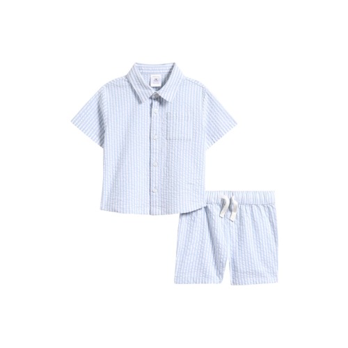 Seersucker Short Sleeve Button-Up Shirt & Drawstring Shorts Set, 9M
