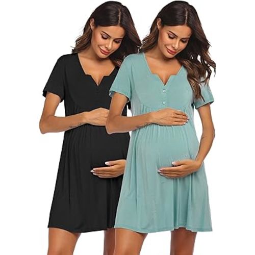 Ekouaer 2 Pack Labor/Delivery/Hospital Gown Nursing Dress Maternity Nightgown Short Sleeve Breastfeeding Sleepwear