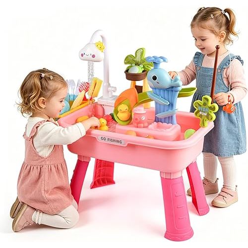 Ploomi Upgraded Toddler Sand Water Table Toy with Electric Water Pump, Kids Sand Water with Faucet/Play Food Accessories/Fishing Toy, Kitchen Play Sink Toys for Girl Boy Age 3+
