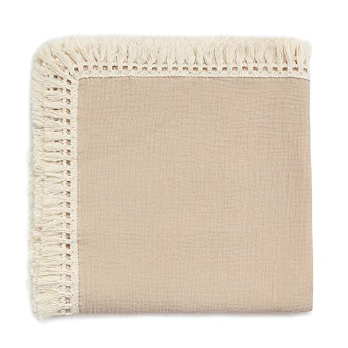 insular Cotton Muslin Baby Blanket with Tassel, Boho Bohemian Muslin Swaddle Blanket Baby Receiving Blanket with Fringe, Nursery Decor Throw or Nursing Blankets, 47" x40”, Khaki
