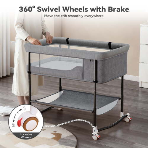 Baby Bassinet, Caveen 4 in 1 Adjustable Infant Bedside Crib Beds with Changing Table, Storage Basket, Wheel, Mosquito Net, for 0-24 Months, Gray