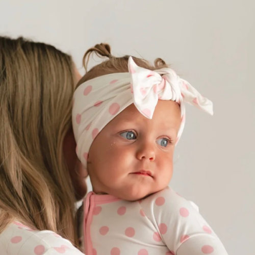 Infant Knot Head Bow in White & Pink Polka Dots – Silks