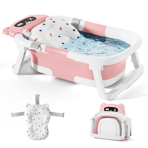Baby Bathtub,Foldable Baby Bath Tub for Newborn to Toddler (0-18 Months) – Collapsible Infant Tub for Travel with Thermometer, Soft Cushion,Pink