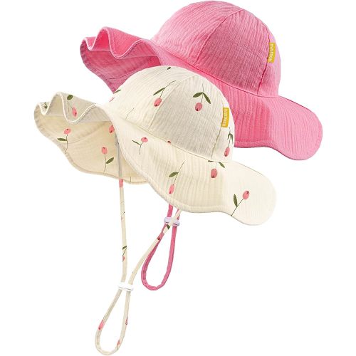 HONGTEYA Baby Sun Hat Muslin Sun Protection Toddler Bucket Hat Summer Beach Hats with Wide Brim for Girls Boys